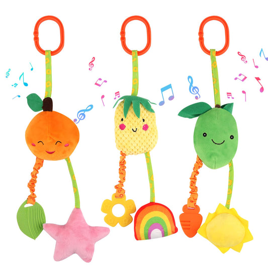 Three plush baby pram rattle toys by Neerow, clip-on sensory toys for newborns, suitable for strollers, car seats, and cribs.