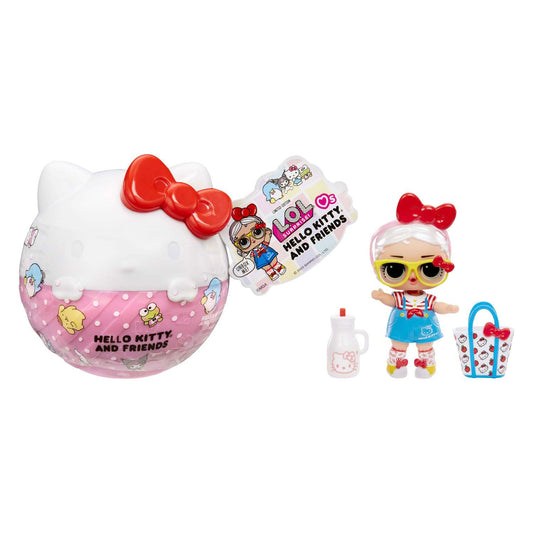 L.O.L. Surprise! Hello Kitty Tots doll with accessories in a Hello Kitty-shaped ball, featuring vibrant colors and styles.