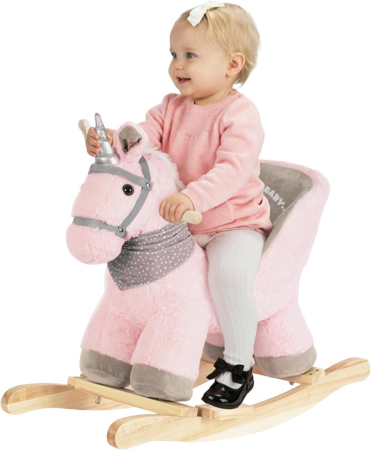 Rock My Baby Plush Rocking Horse - Soft Stuffed Body,Safety Seat Chair, Wooden Rockers, Music Button – Toddler Ride-On Toy for Ages 1–3 (pink)