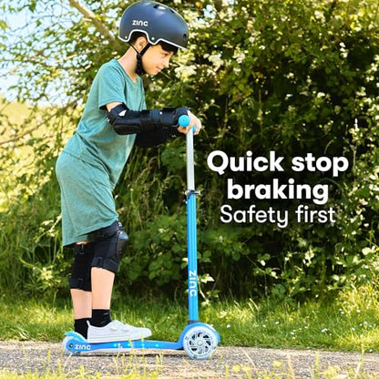 Zinc Superstar Kids Scooter for Ages 3+ – Three Wheeled Boys & Girls Scooter with LED Light Up Deck & Wheels, Adjustable Handlebar, Lean ‘n’ Steer Controls, Rear Brake, Soft Rubber Grips, Blue
