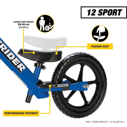 Strider 12” Sport Bike, Blue - No Pedal Balance Bicycle for Kids 18 Months to 5 Years - Includes Safety Pad, Padded Seat, Mini Grips & Flat-Free Tires - Tool-Free Assembly & Adjustments