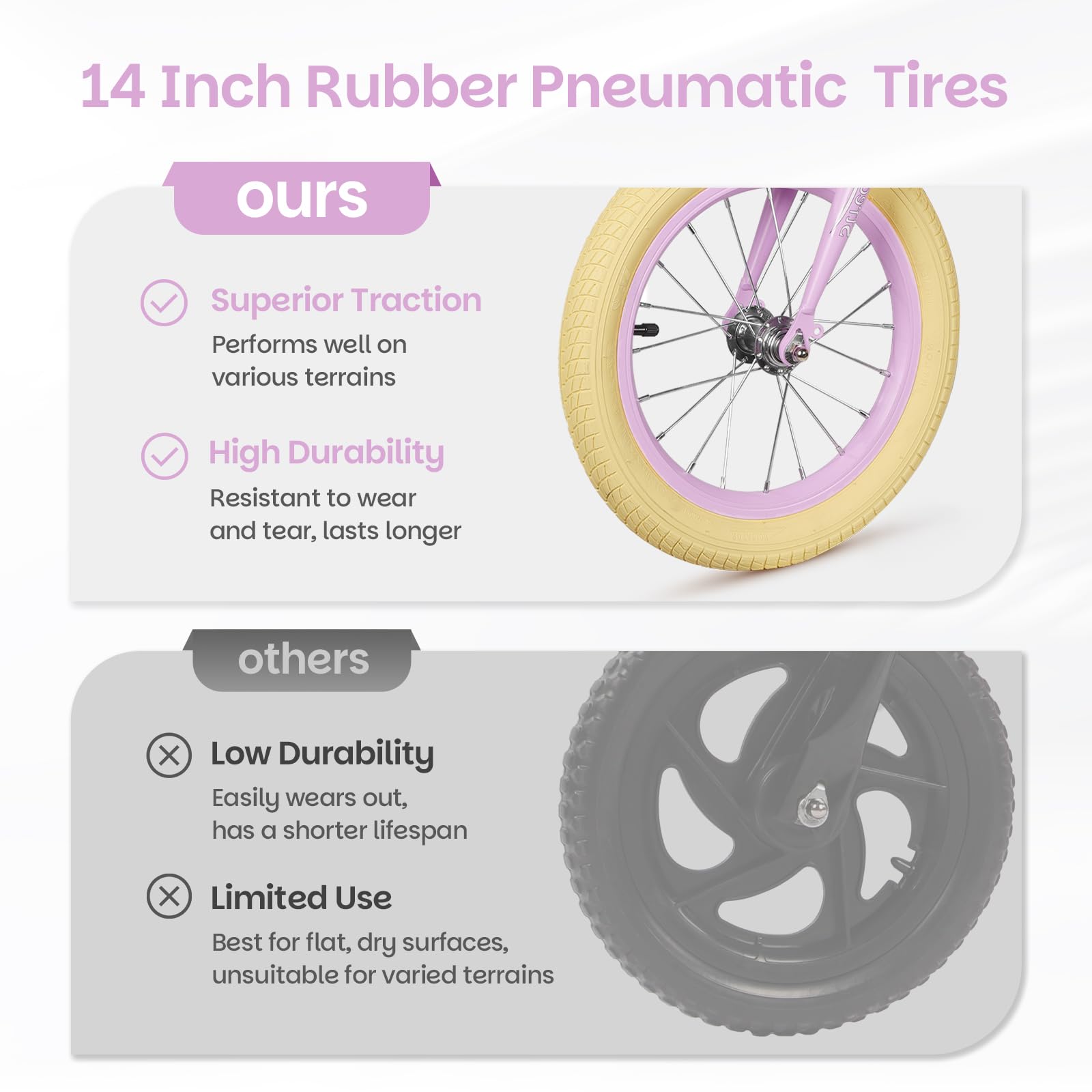 Light purple 14-inch balance bike for kids with a carbon steel frame, removable basket, adjustable height, and rubber pneumatic tires.