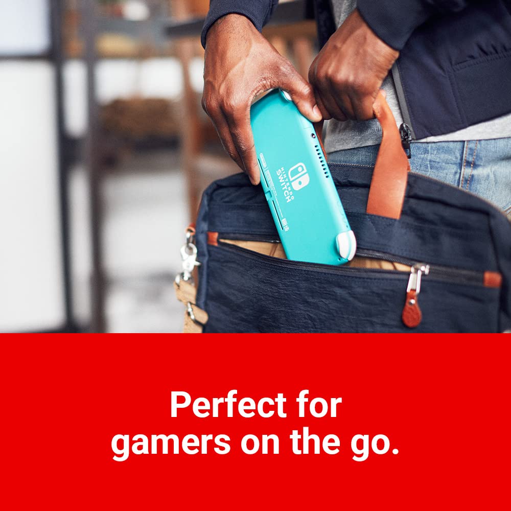 Nintendo Switch Lite in turquoise with dual controllers and screen visible, compact handheld gaming console by Nintendo.