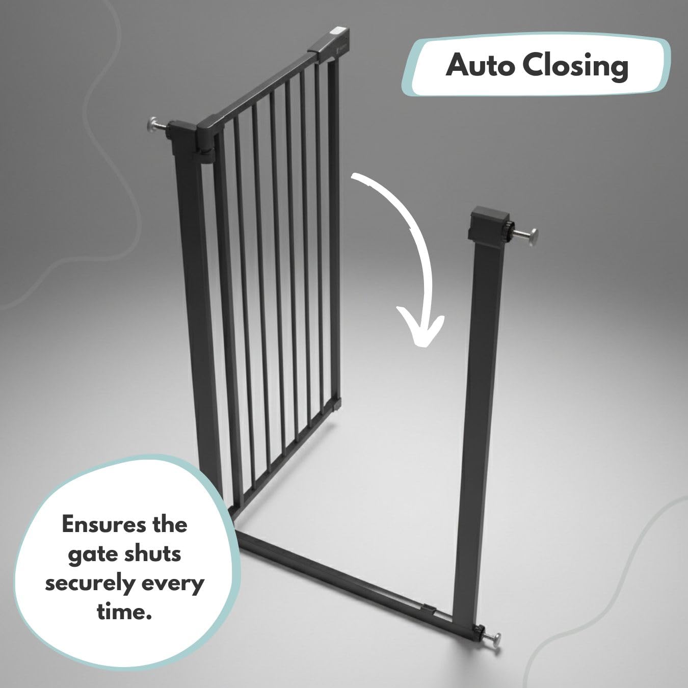 Venture Q-Fix 110cm black baby gate for stairs and doorways, pressure-fit with auto-close and two-way open, indoor dog gate.