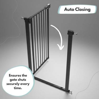 Venture Q-Fix 110cm black baby gate for stairs and doorways, pressure-fit with auto-close and two-way open, indoor dog gate.