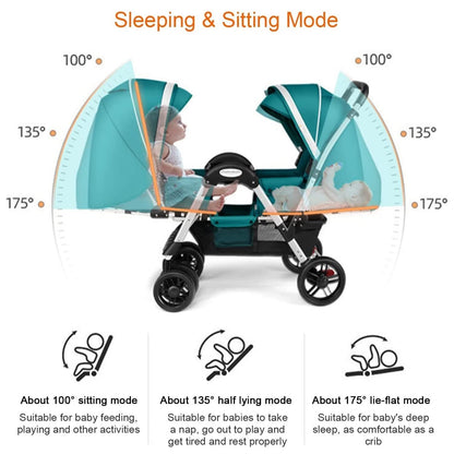 Double Tandem Stroller for Infant and Toddler,Foldable Twin Umbrella Baby Pram Stroller,Baby Stroller Twins-Cozy Compact Twins Pushchair(Green)