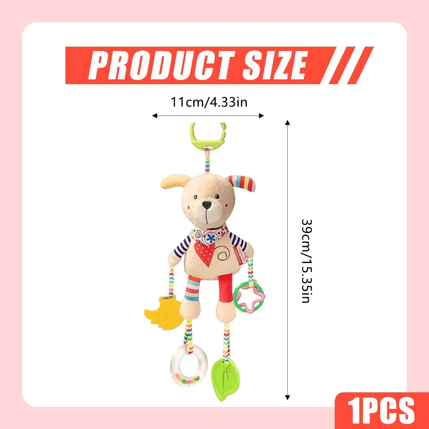 Jodsen baby pram pushchair toy featuring a soft plush cute dog, with hanging rattles, teether clip, and sensory elements for newborns.
