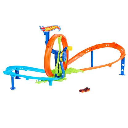 Hot Wheels toy car track set featuring a figure 8 track, loop-kicker booster, and a 1:64 scale die-cast vehicle.