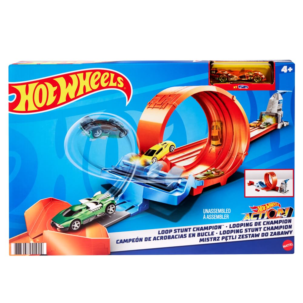 Hot Wheels Loop Stunt Champion Track Set with Dual-Track Loop, Dual Launch, Spring Ramp & 1 Hot Wheels Car for Kids 4 Years Old & Older, GTV13