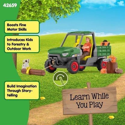 SCHLEICH Farm World - Working in The Forest Playset with Action Figure, Dog Figurine, Tractor Toy and Accessories - Imaginative Play Set for Kids Ages 3+