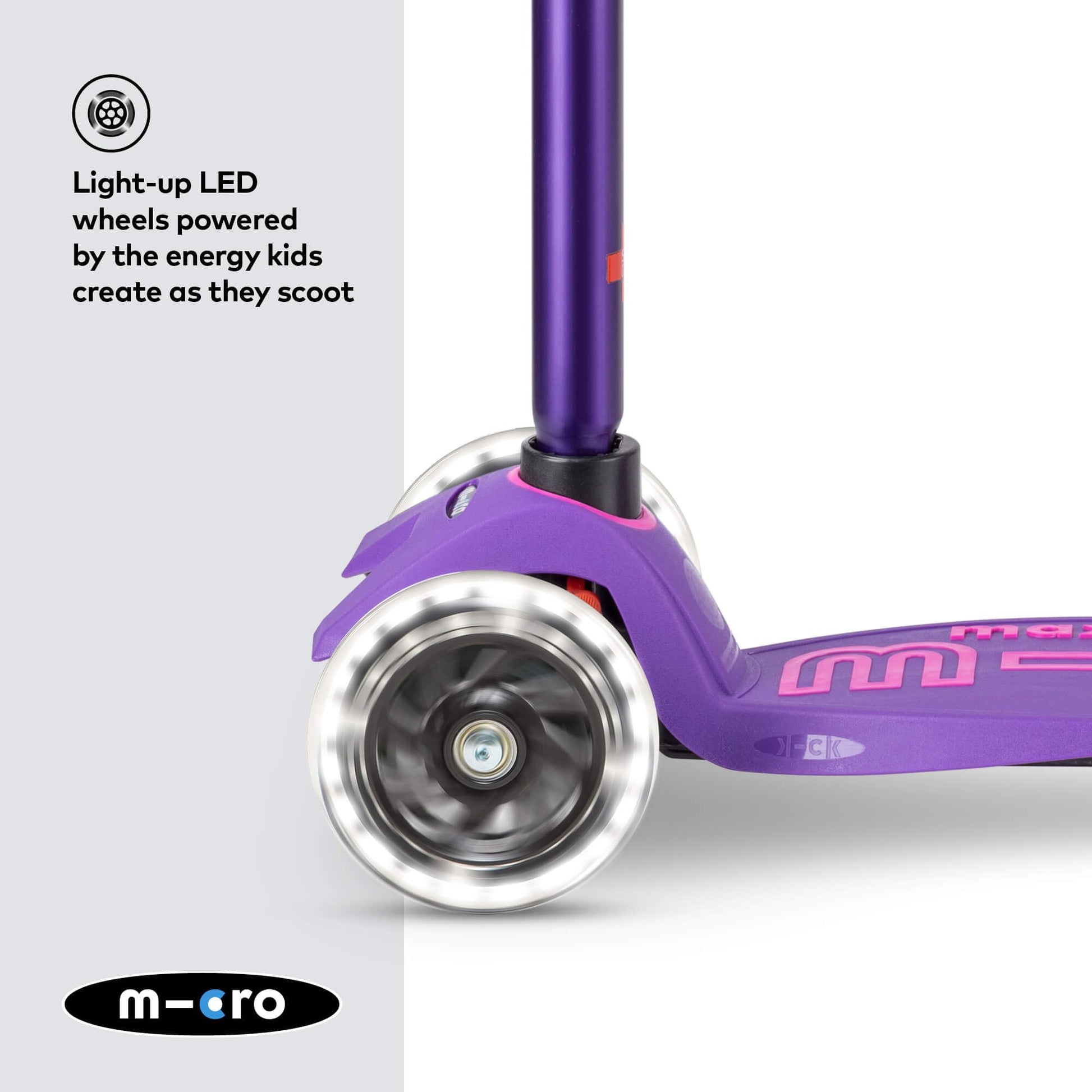 Purple Maxi Micro LED Deluxe children's scooter with big wheels and adjustable handlebar for ages 5-12.