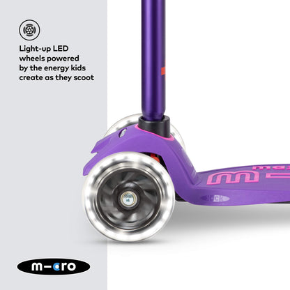 Purple Maxi Micro LED Deluxe children's scooter with big wheels and adjustable handlebar for ages 5-12.