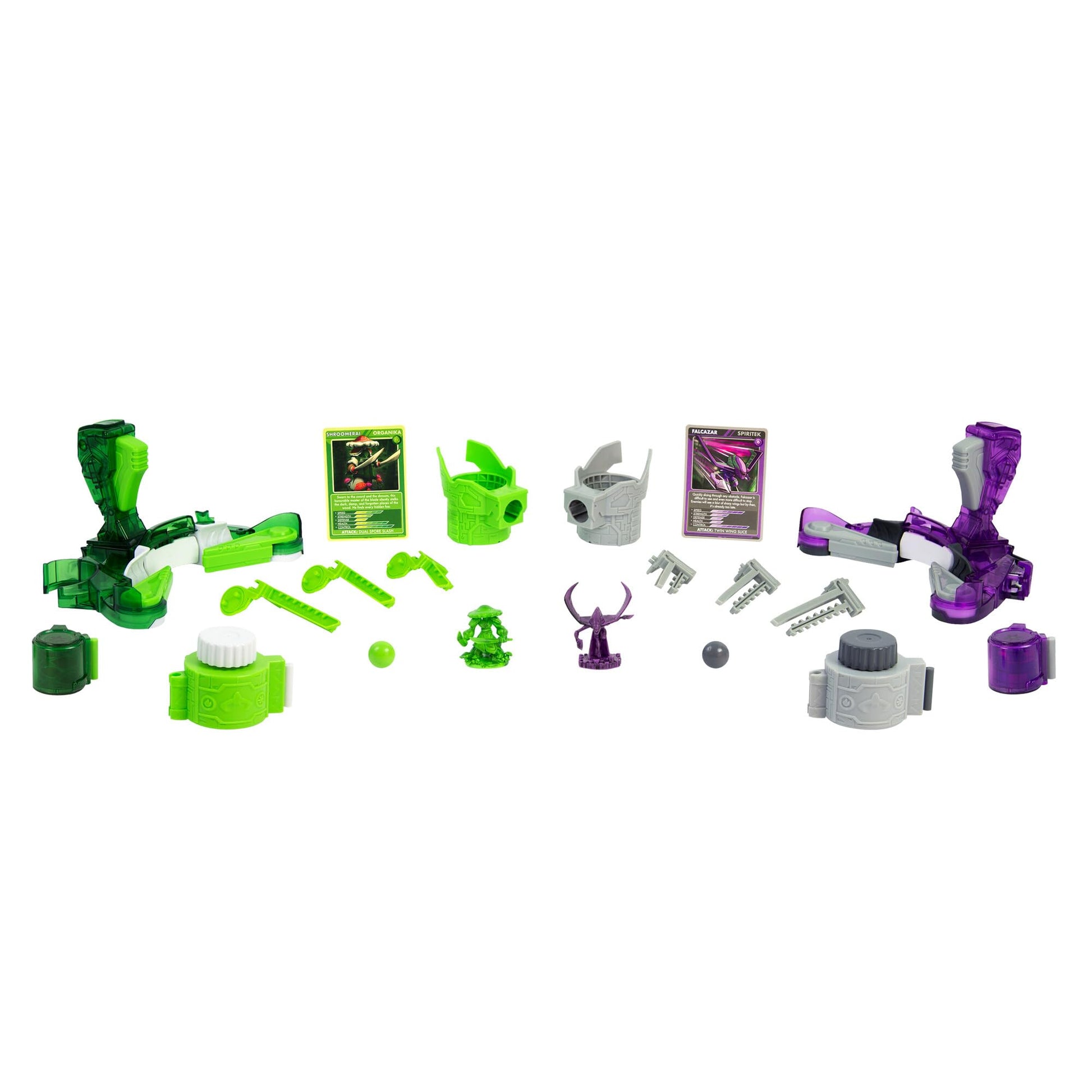 Doteki TOMY multiplayer battle pack with colorful Organika and Spiritek figures, set in a dynamic green and blue arena for 2+ players.