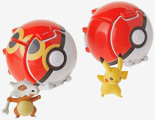 Pokemon Throw 'n' Pop Pokeball set featuring Pikachu, Cubone, and Repeat Ball figures by TOMY.