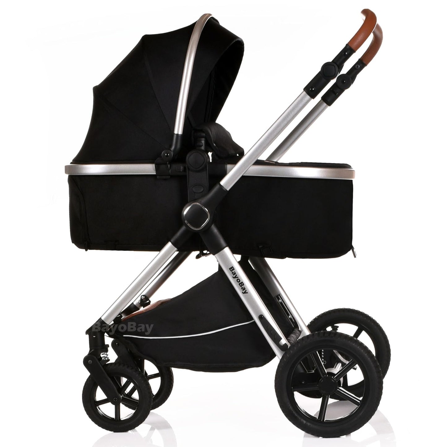BayoBay 3-in-1 baby buggy pram and stroller with car seat and carrycot in black silver, lightweight foldable travel system for newborns