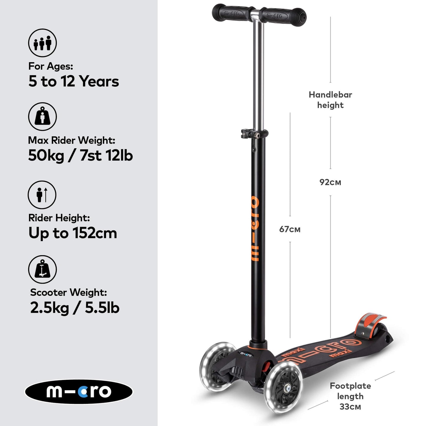Micro Scooters | Maxi Micro LED Deluxe Children's Scooter | Big Wheels | Handlebar Adjustable | 5-12yrs | Boys & Girls | Black