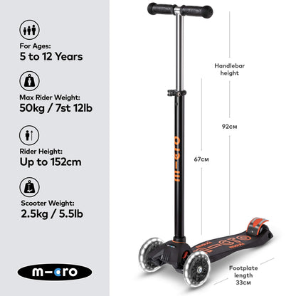 Micro Scooters | Maxi Micro LED Deluxe Children's Scooter | Big Wheels | Handlebar Adjustable | 5-12yrs | Boys & Girls | Black