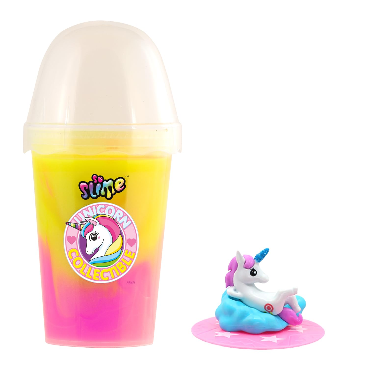 Colorful unicorn-shaped slime in a collectible cup by So Slime, stretchy sensory slime toy for kids with no mixing needed.