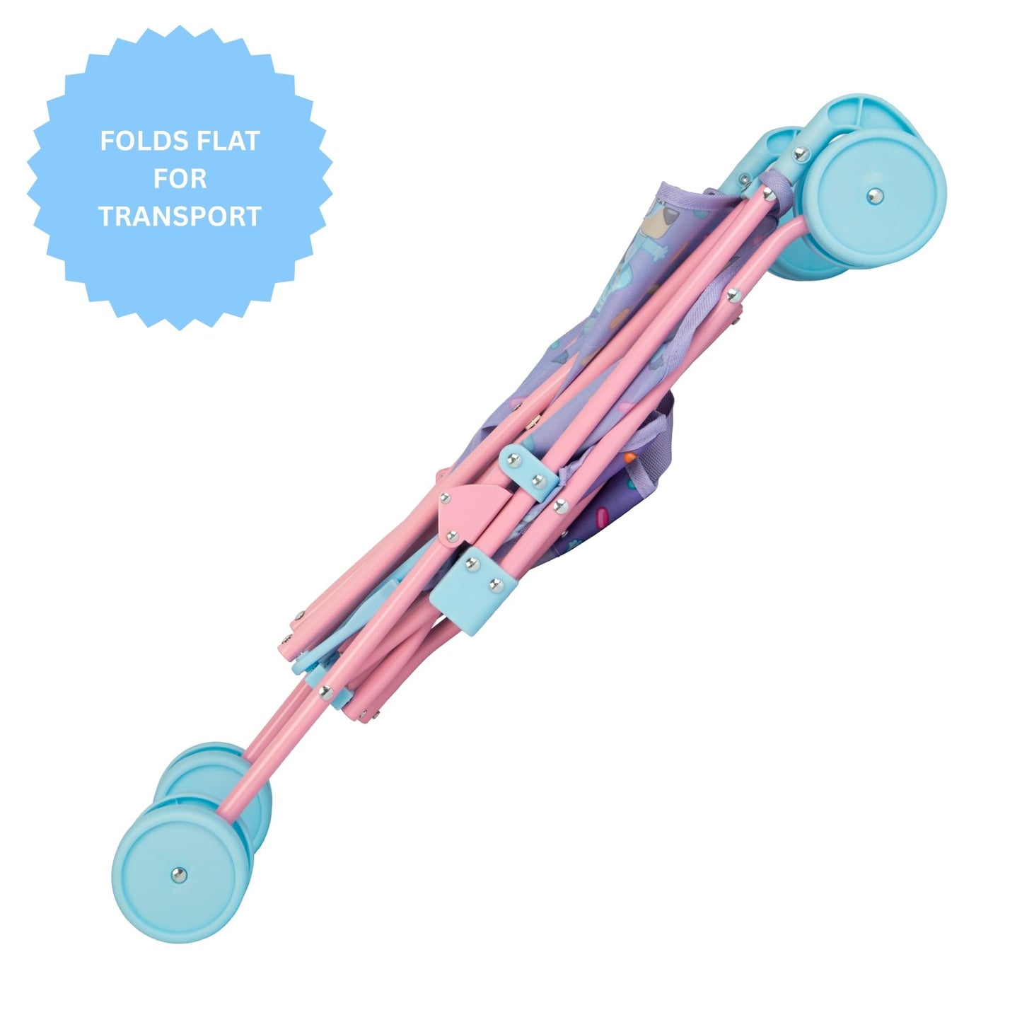 Bluey Buddy Buggy stroller for children, lightweight double toy pram in Bluey print with umbrella fold and portable design for kids age 2+