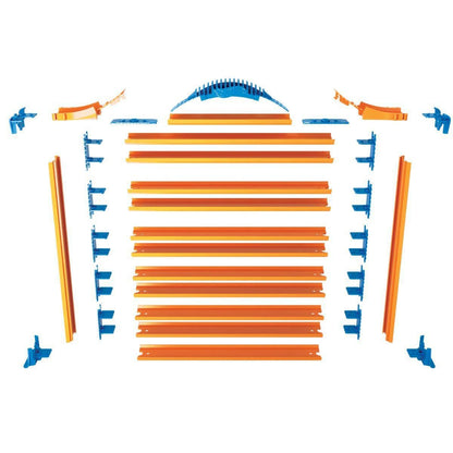 Hot Wheels Rack N' Track organizer with 44 compartments for toy car storage, multi-coloured display case, cars not included.