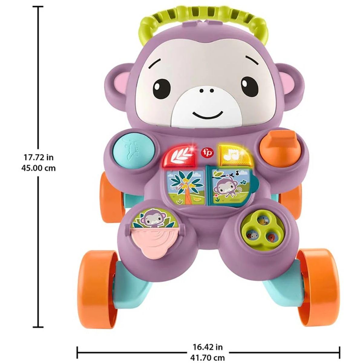 Fisher-Price Baby Walker with purple monkey toy, music, lights, and activities for infants and toddlers age 6+ months.
