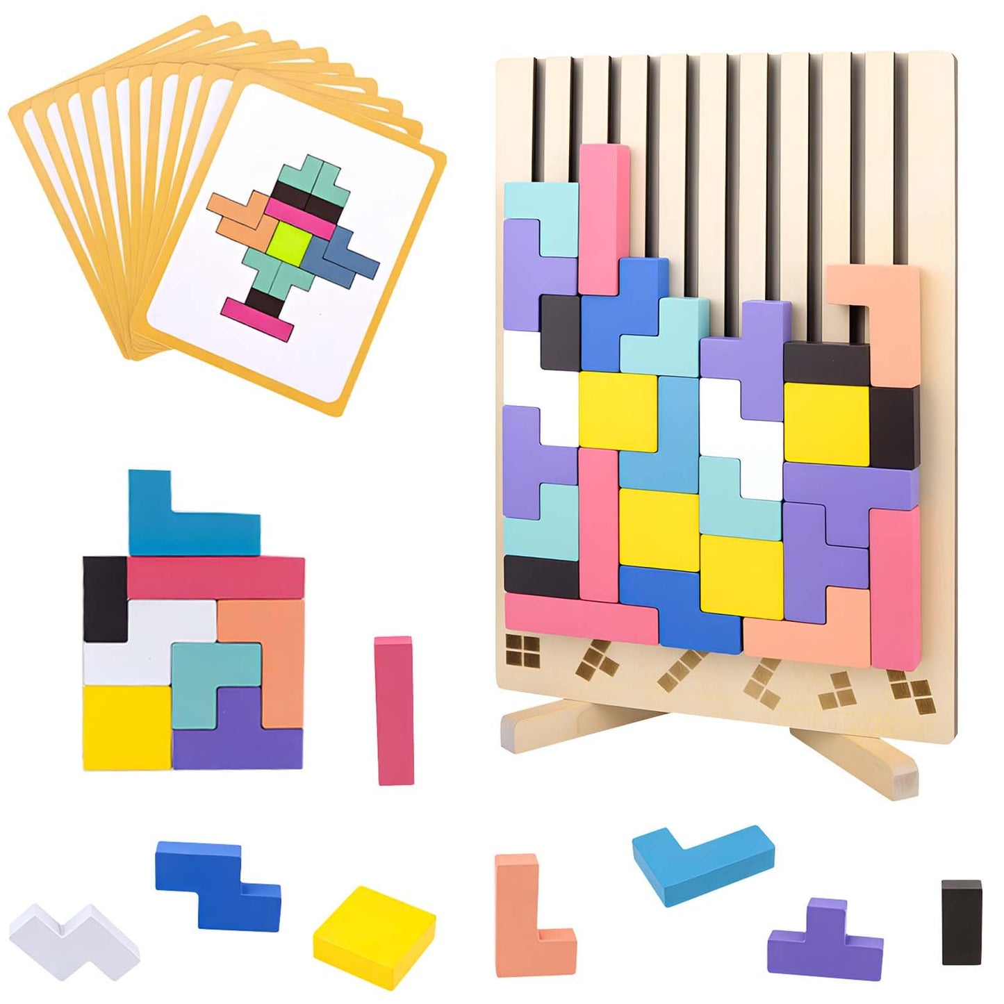 Bukbas Wooden Stacking Puzzle Toy, Wooden Blocks Tangram Jigsaw Puzzle Toys for Kids Boys Girls, Intelligence Colorful 3D Blocks with 10 Cards Building Games, Stress Relief Toys Gifts