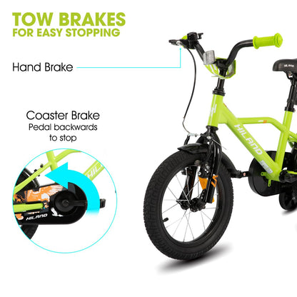 Hiland 14 Inch Kids Bike for Boys 3 4 5 6 years, with Stabilisers, Handbrake and Coaster Brake Boys Bike, Green