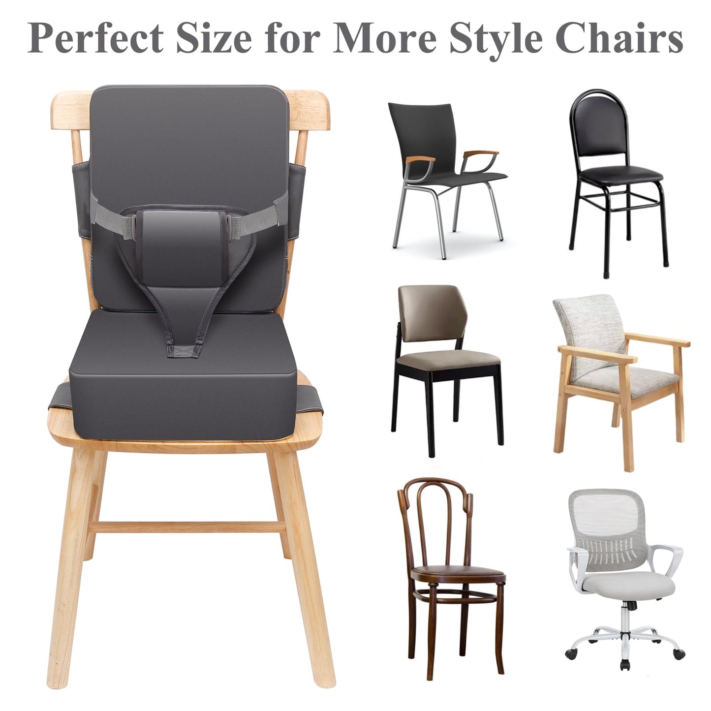 TOTIDYH Toddler Booster Seat for Dining Chair, 10cm PU Washable Toddler Booster Cushion for Dining Chair with Backrest and Adjustable Straps, Non-Slip Kids Travel Booster Seat for Dining Table (Grey)