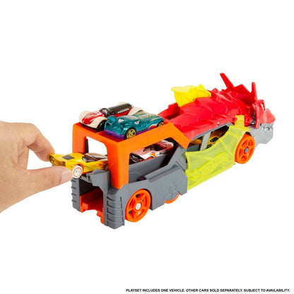 Hot Wheels Dragon Launch Transporter with vibrant dragon design and car ramp, showcasing dynamic toy transport features.
