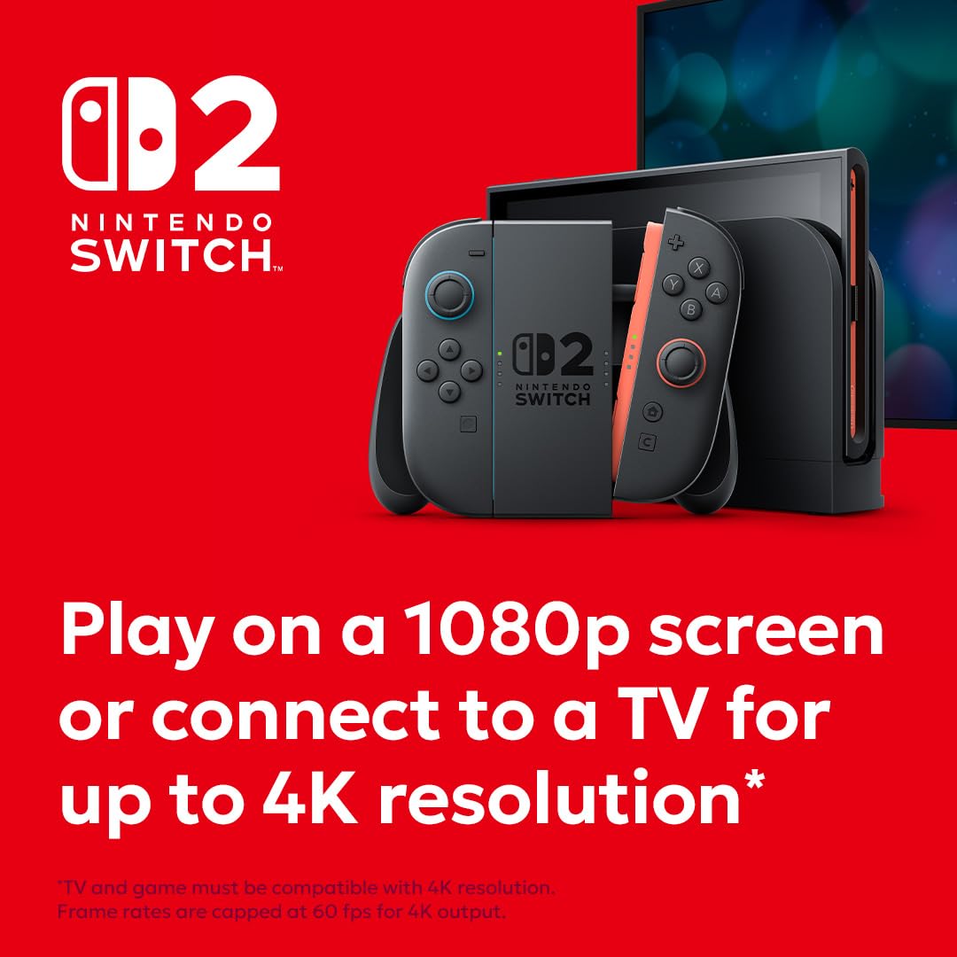 Nintendo Switch 2 console with detachable controllers and screen, showing the sleek design and vibrant display.