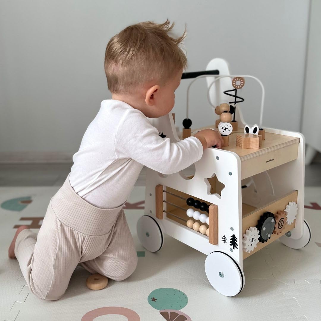Mamabrum wooden baby walker with wheels featuring shape sorter, bead mazes, gears, abacus, stacking blocks, for children 12+ months.