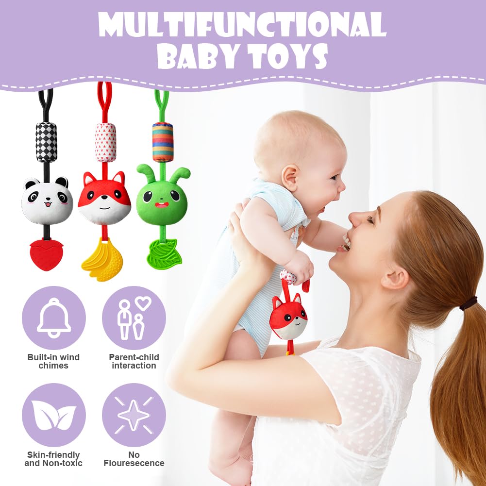 Aolso baby stroller toy featuring hanging animal-shaped rattle and high contrast plush caterpillar for newborn entertainment.