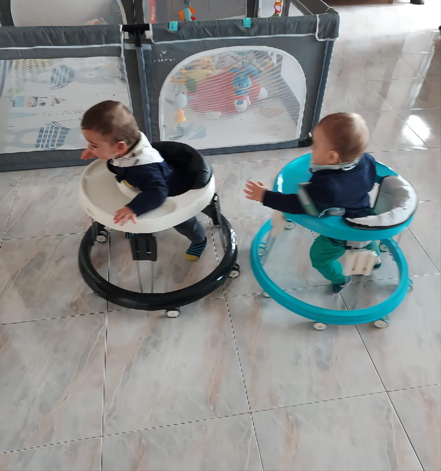 White SMARTRICH baby walker by LANGYI with foldable design, suitable for 66-80cm height, featuring mute anti-rollover safety.