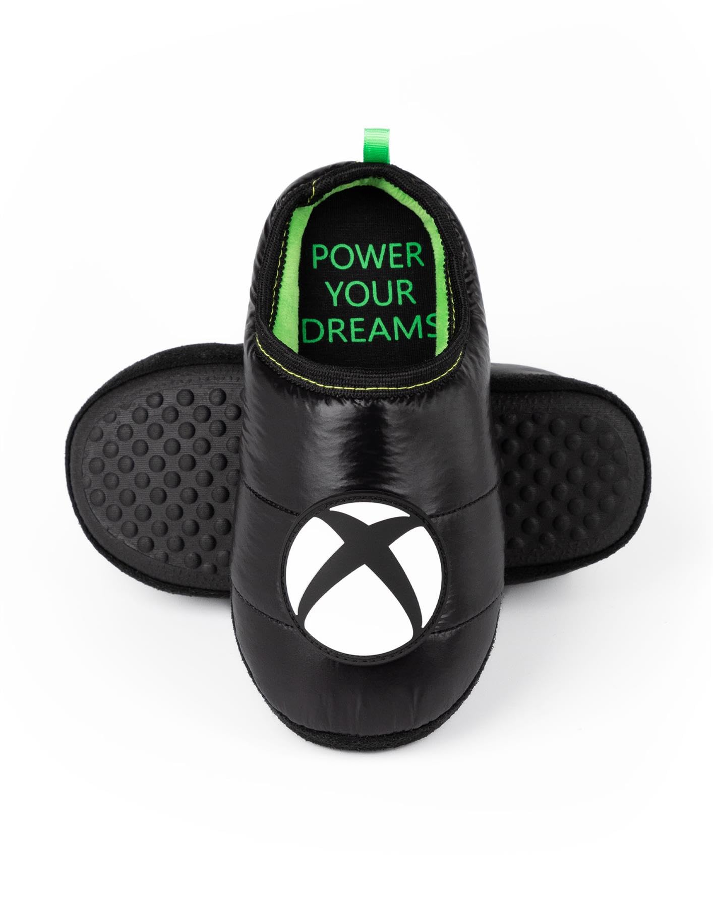 Xbox kids and teens slippers with black and green slip-on design, featuring game console logo, perfect for boys and girls.