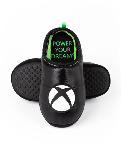 Xbox kids and teens slippers with black and green slip-on design, featuring game console logo, perfect for boys and girls.