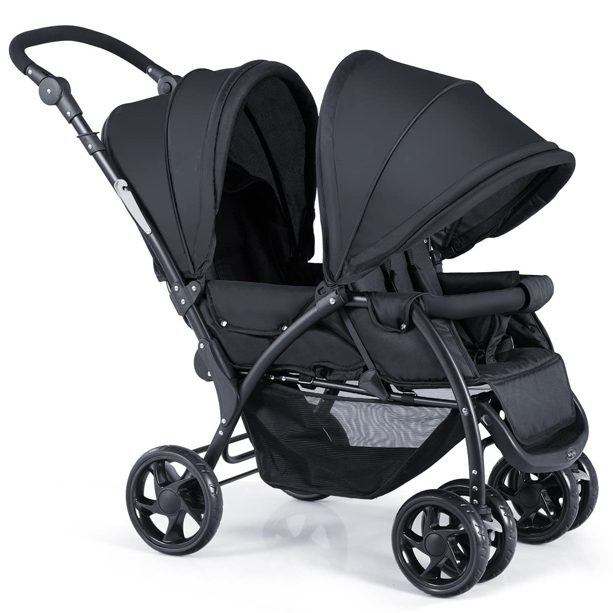 Maxmass Double Seat Baby Stroller, Folding Infant Pushchair with Adjustable Handlebar & Backrest, Storage Basket and Detachable Canopy, Travel Toddler Buggy for Shopping, Hanging Out (Black)