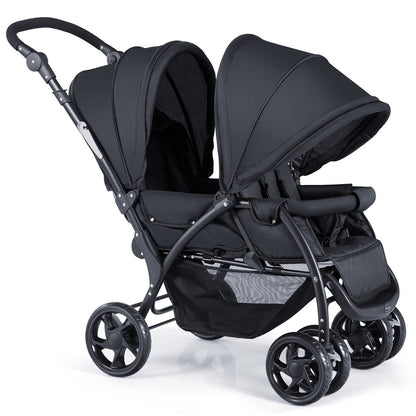 Maxmass Double Seat Baby Stroller, Folding Infant Pushchair with Adjustable Handlebar & Backrest, Storage Basket and Detachable Canopy, Travel Toddler Buggy for Shopping, Hanging Out (Black)
