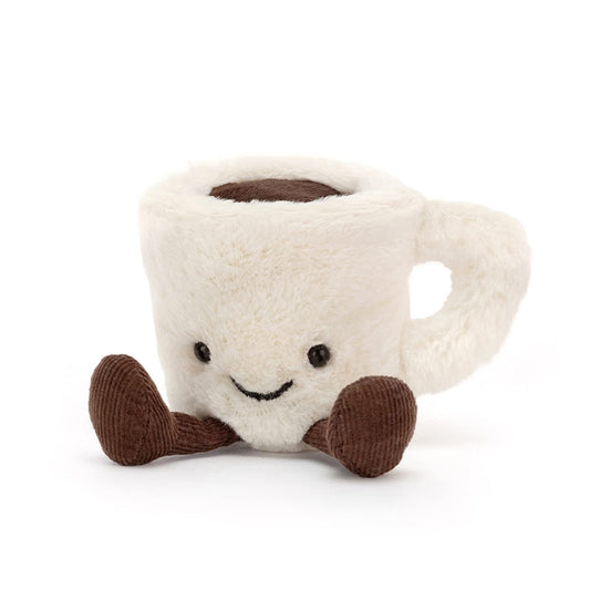 Soft Jellycat Amuseable espresso cup plush toy with a smiling face and cute arms, perfect for cuddling and playtime.