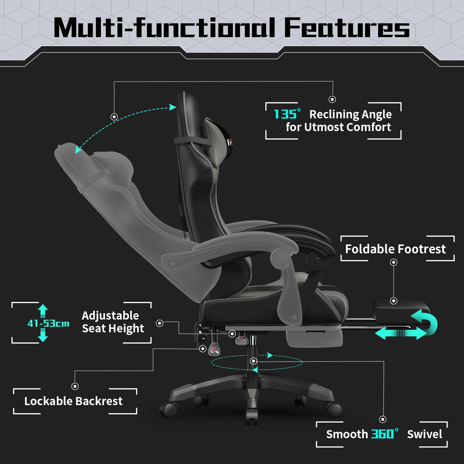 Vfalcon XTREME gaming chair in grey with ergonomic design, reclining feature, footrest, 360° swivel, and adjustable height.