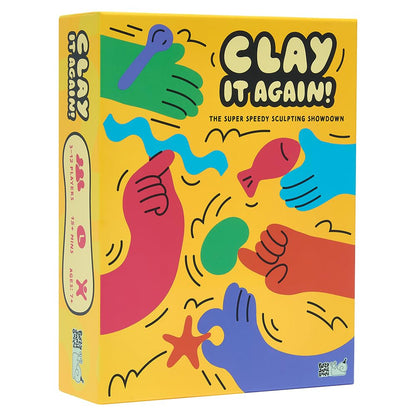 Kids and adults playing with Clay It Again speed dough-sculpting game, featuring colorful modeling dough pots by Party Snail Games.
