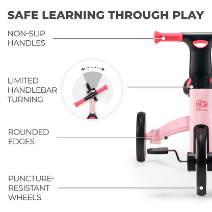 Kinderkraft 4TRIKE, foldable 3-in-1 tricycle, push trike, balance bike, pedal tricycle, lightweight aluminum frame, adjustable seat, EVA wheels, for children 1–5 years, Pink