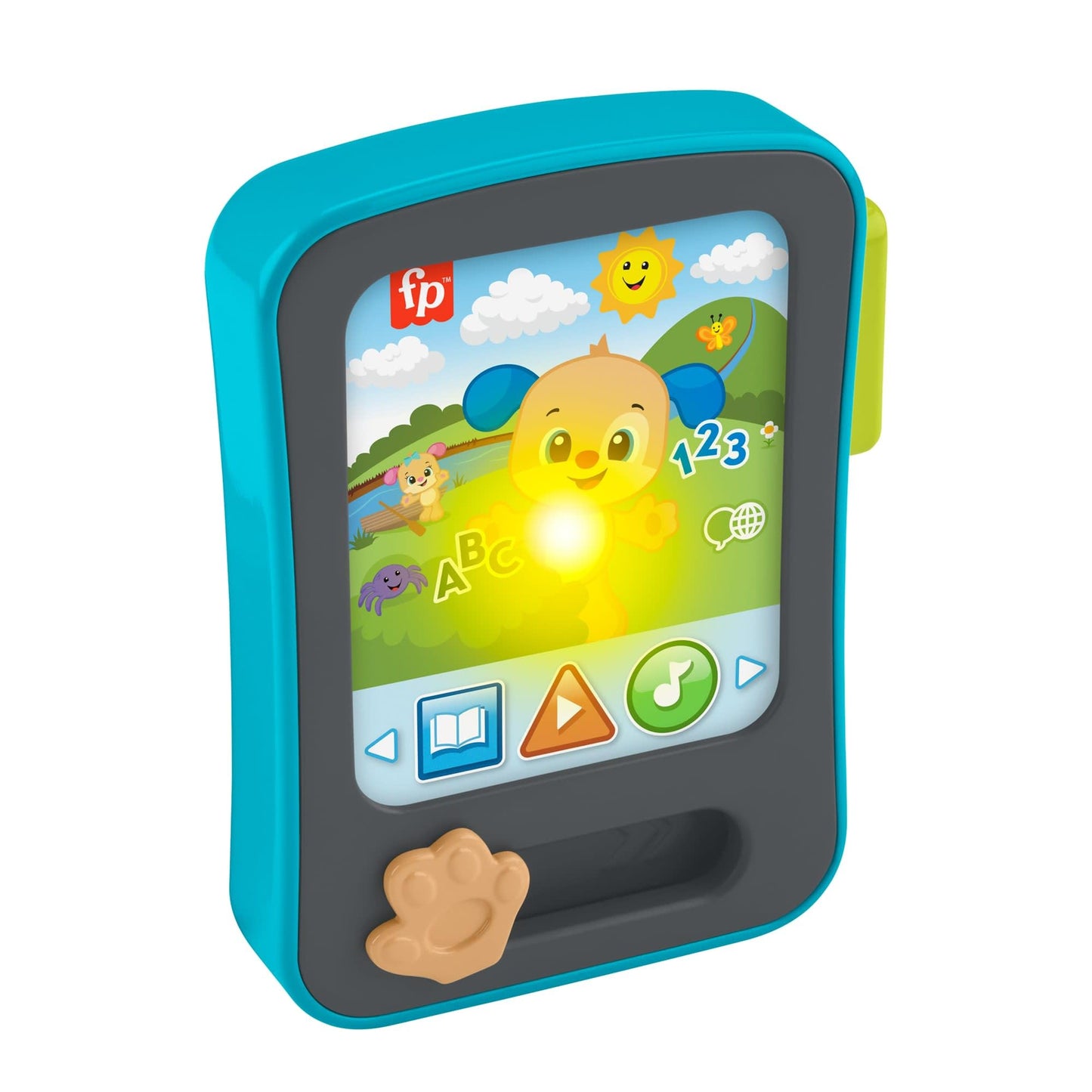 Fisher-Price Laugh & Learn Puppy storytime reader toy with music, lights, and multilanguage options for babies 6+ months.