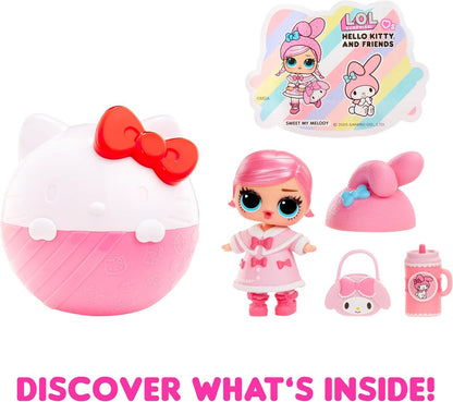 L.O.L. Surprise! Hello Kitty Tots doll in a colorful outfit with accessories and a Hello Kitty-shaped ball.