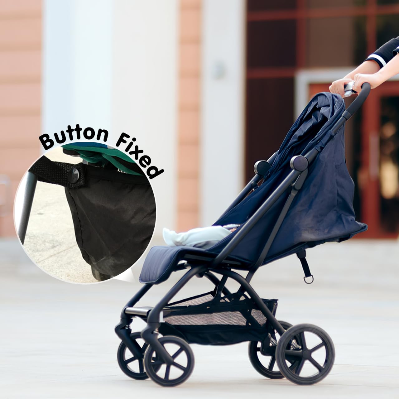 VICASKY baby stroller bottom storage basket attached to black pushchair, offers extra space for shopping and essentials.