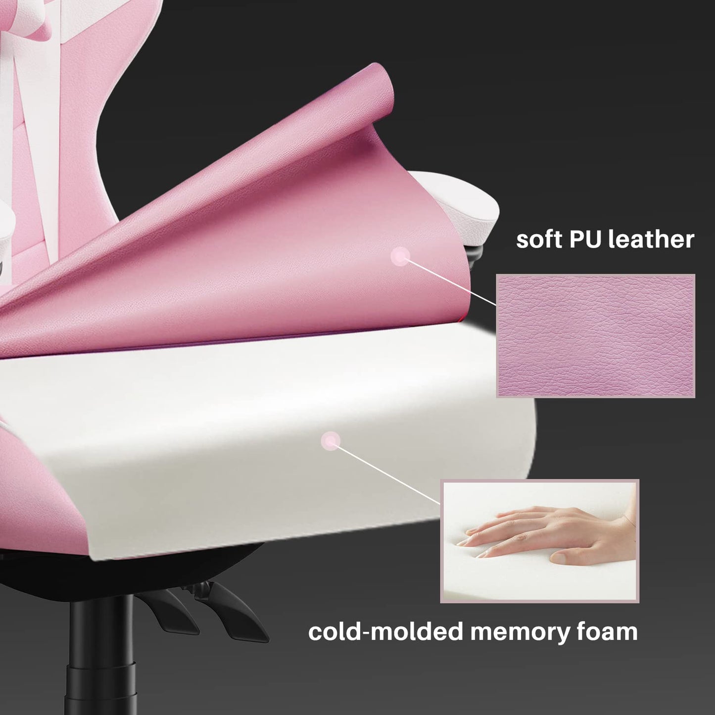 bigzzia ergonomic pink gaming chair with lumbar cushion and headrest, height-adjustable office and computer chair for adults