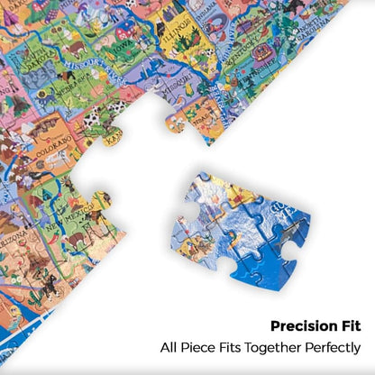 Learncredibles USA map jigsaw puzzle showing continents and countries, designed for kids age 7+ to learn U.S. geography.