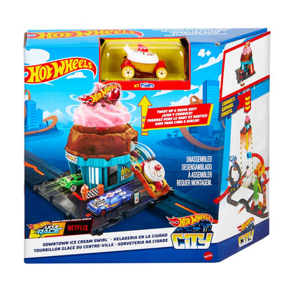 Hot Wheels City Track Set with ice cream shop playset and included car, designed for connecting to other track sets.