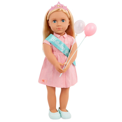 Our Generation - Brenna - 18-Inch Birthday Doll & Accessories - Lifelike Blue Eyes & Dark-Blonde Hair - Party Dress, Sash & Balloons - Pretend Play - Toy for Kids 3 Years +
