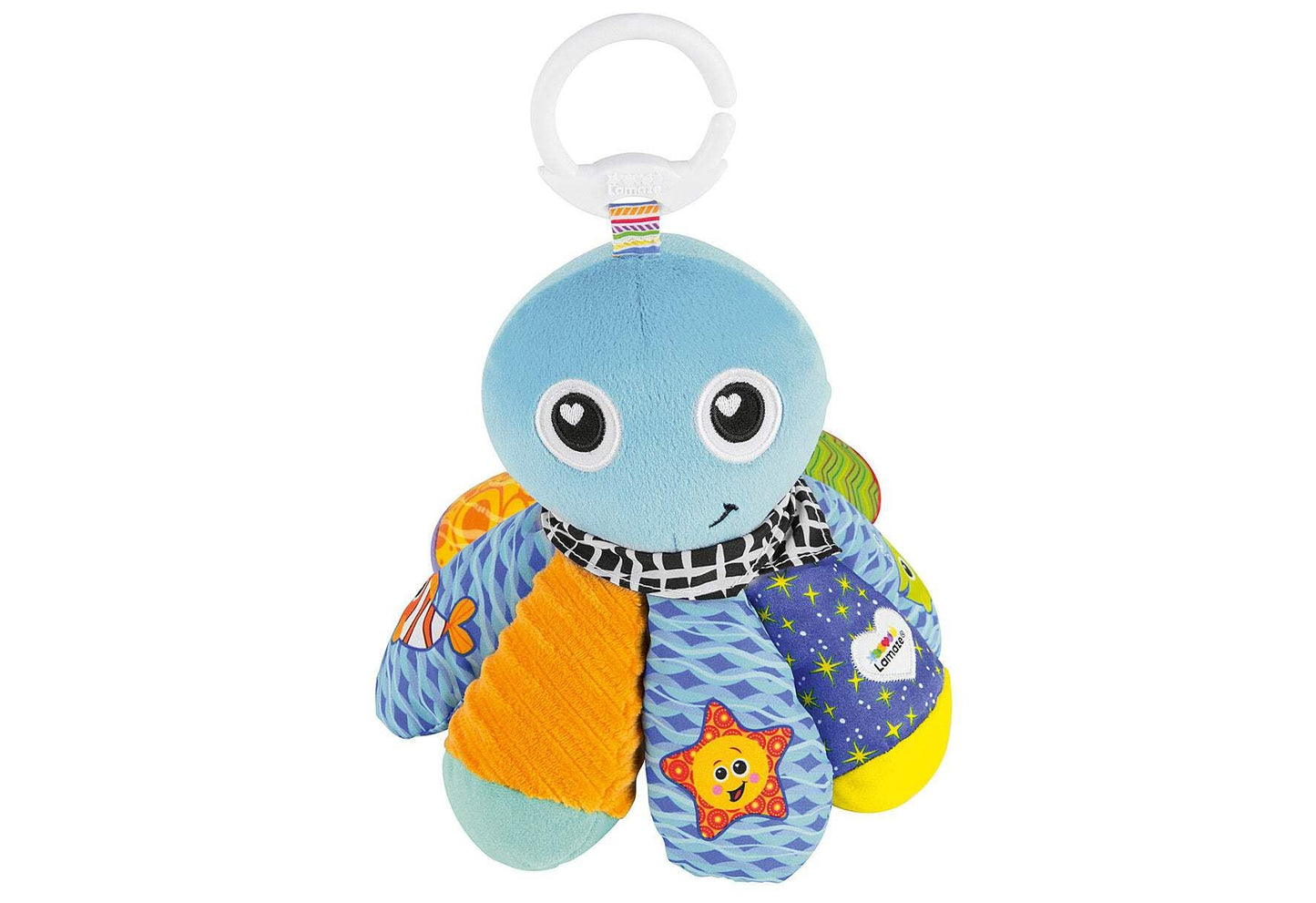 LAMAZE Salty Sam the Octopus baby toy with clip, colorful sensory plush toy for newborns up to 6 months.