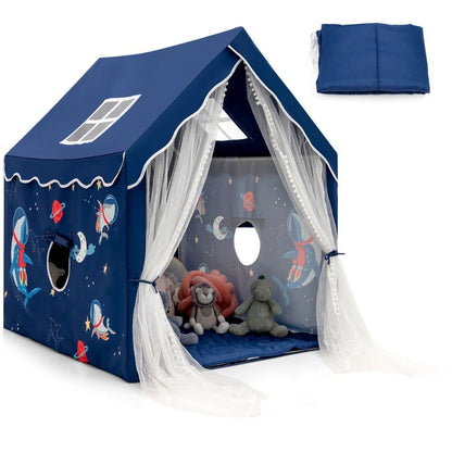 Blue COSTWAY kids play tent with windows and washable mat, indoor outdoor castle playhouse for boys and girls.